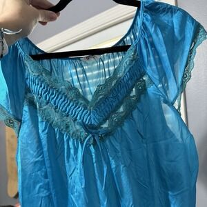 Vtg women's nightgown Maxi House Dress Slip Turquois M/L lingerie Nylon Lace 90s